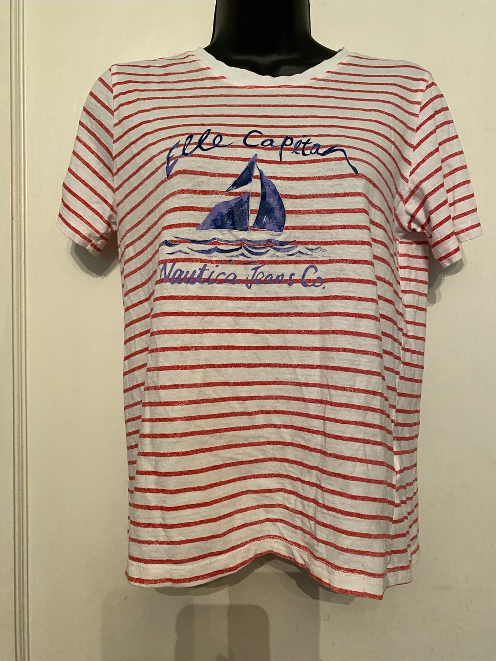 V! Nautica womens S boat, striped crewneck, on the chest it has an application